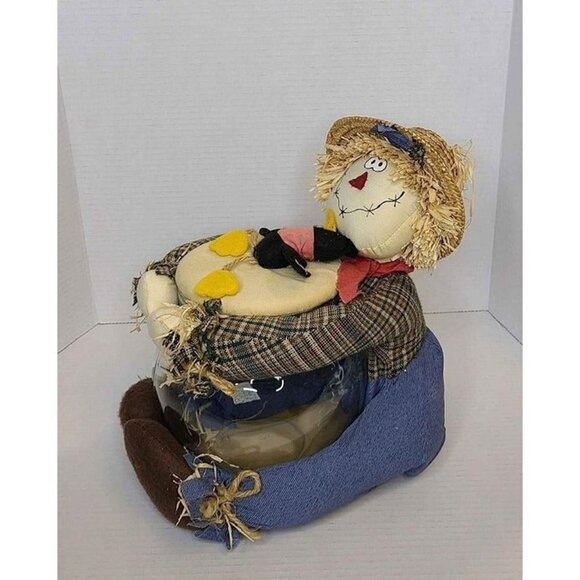 Stuffed Cloth Scarecrow Holding Glass Round Bowl with Lid Fall Colors - Picture 3 of 5